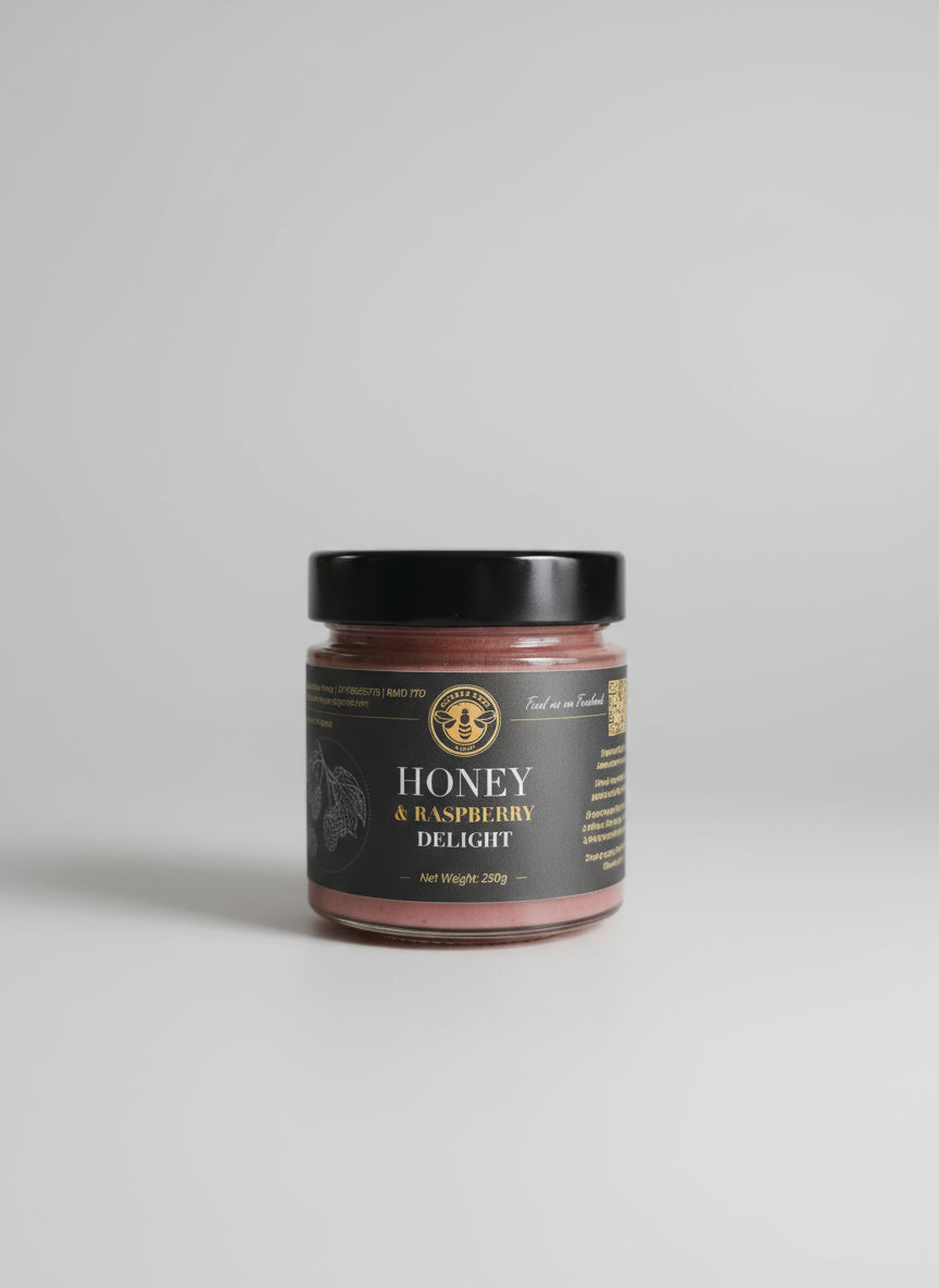 Jar of honey and raspberry delight on a kitchen counter