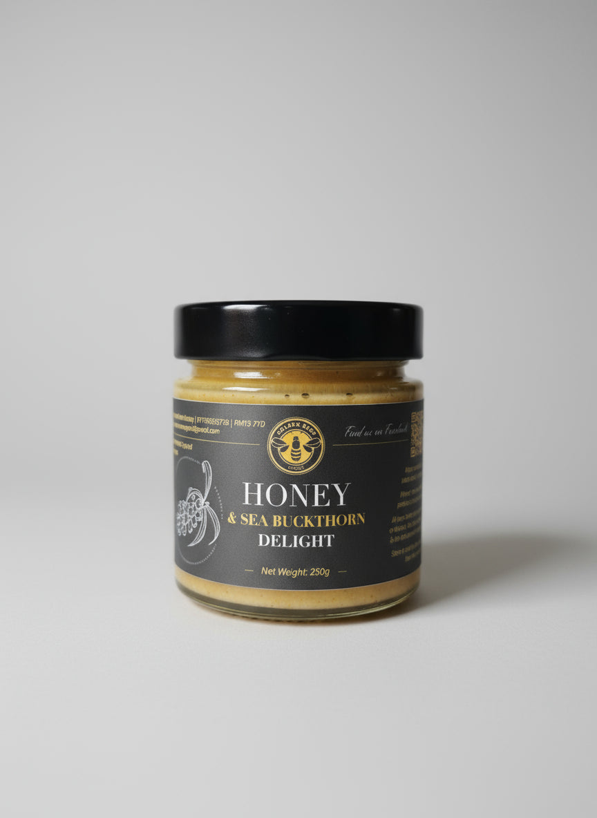 Jar of honey and sea buckthorn delight on a kitchen counter