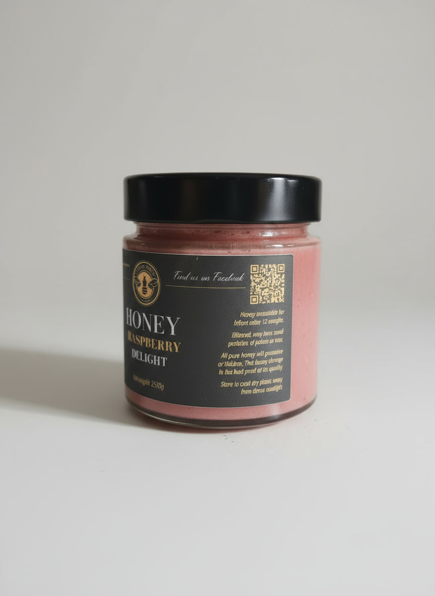 Jar of honey on a kitchen counter with a QR code label