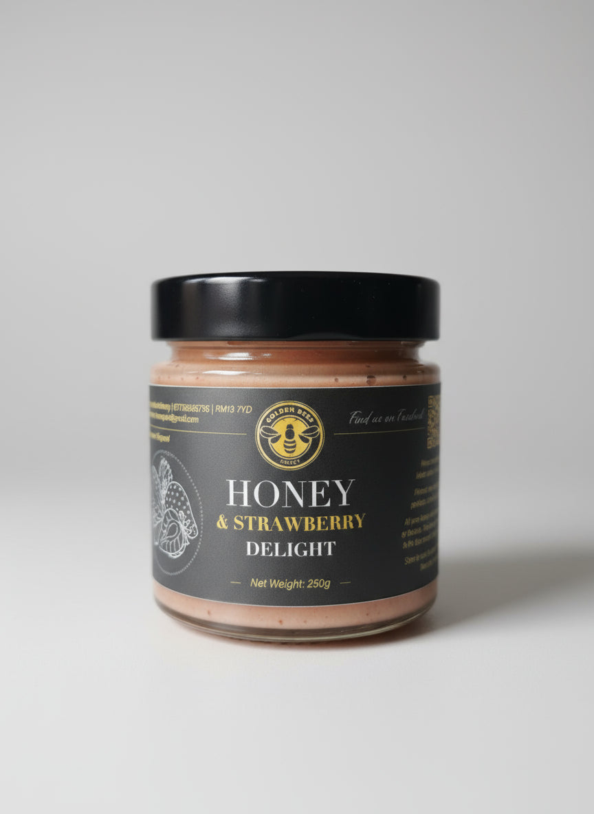 Jar of honey and strawberry delight on a surface with a blurred background