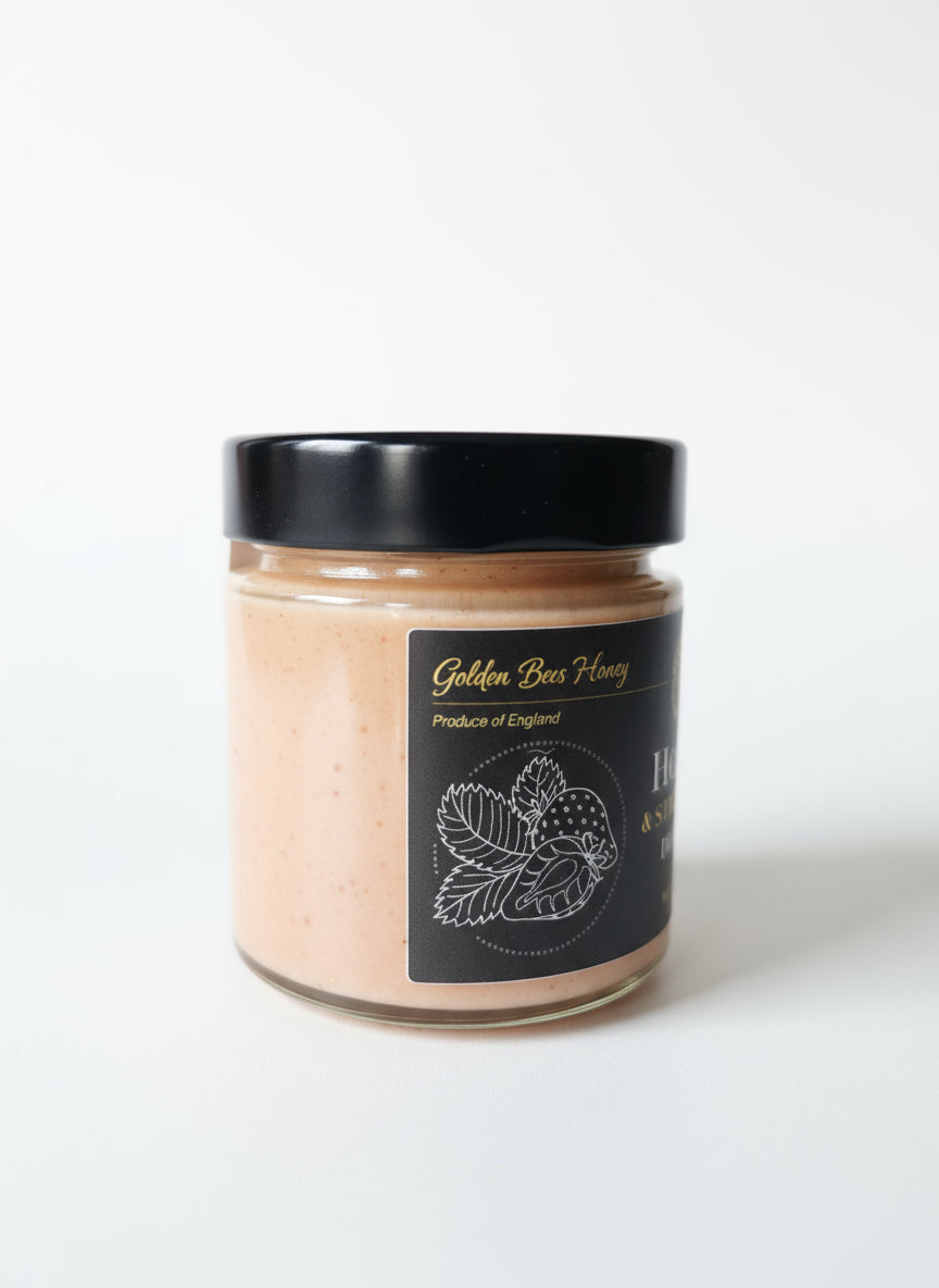 Jar of honey with a black lid on a surface, blurred background